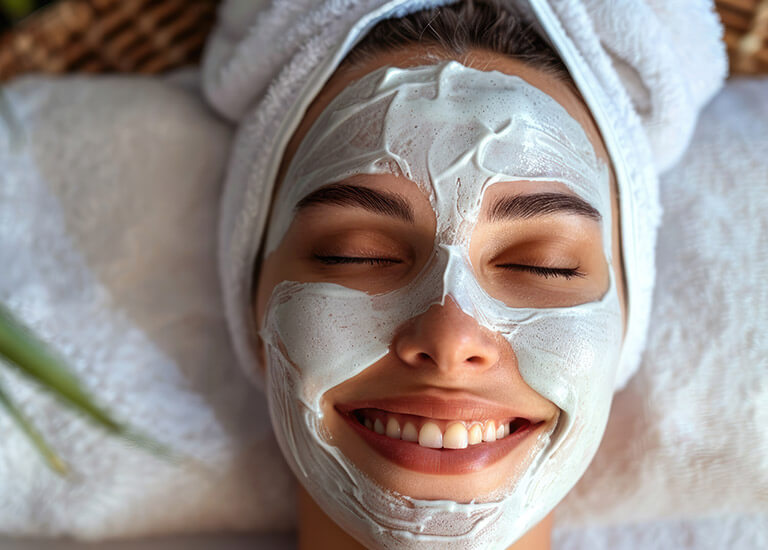 Woman relaxing with a botanical facial mask.